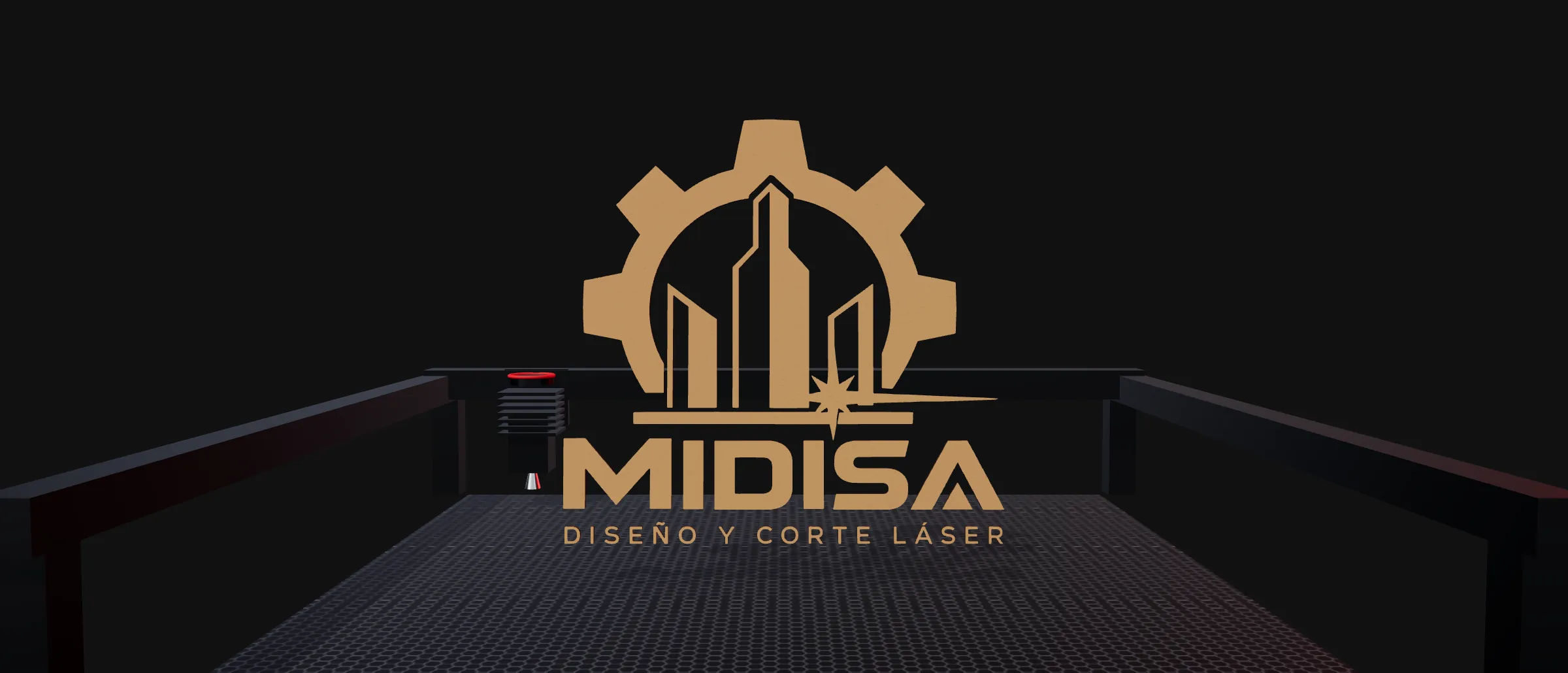 Logotipo de MIDISA cortado con láser en MDF, de pie sobre la cama de la máquina