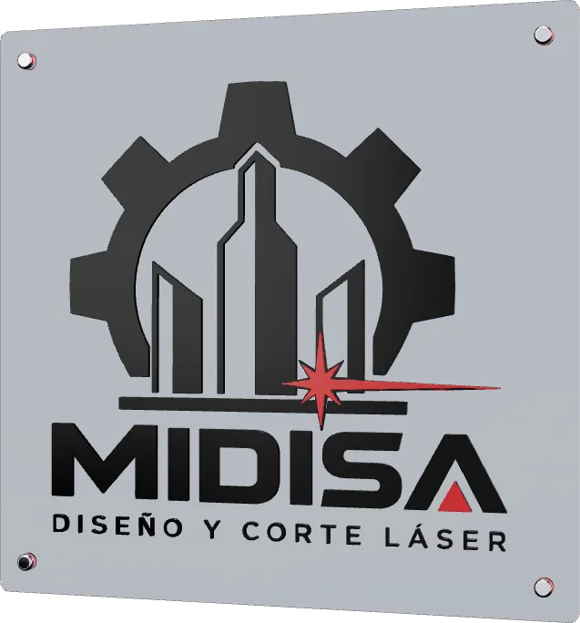Letrero de acrílico negro con el logotipo de MIDISA sobre placa de acero (visualización 3D)