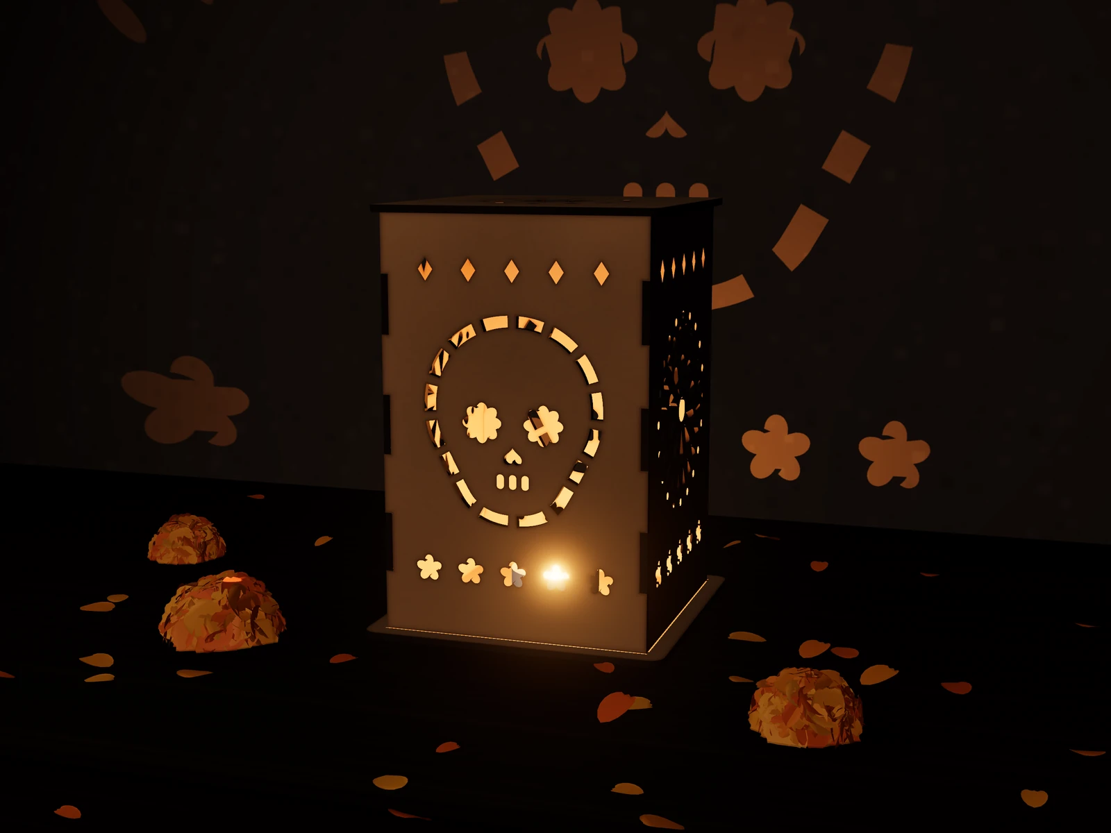 Farol de MDF con una calavera calada, encendido con una vela LED; la luz sale por los cortes y dibuja flores en la pared.