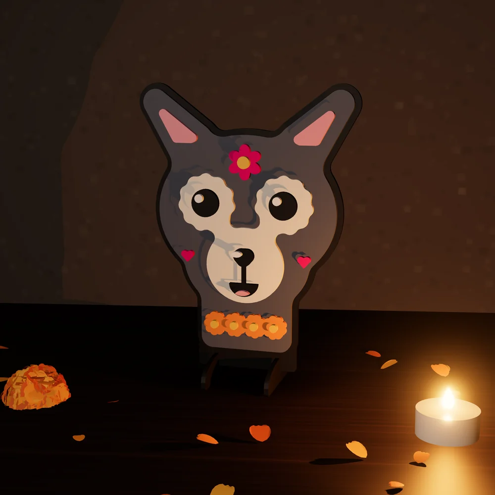 Perrito xolo: figura de MDF en 5 capas pintadas, parada en su base junto a una vela y pétalos de cempasúchil.