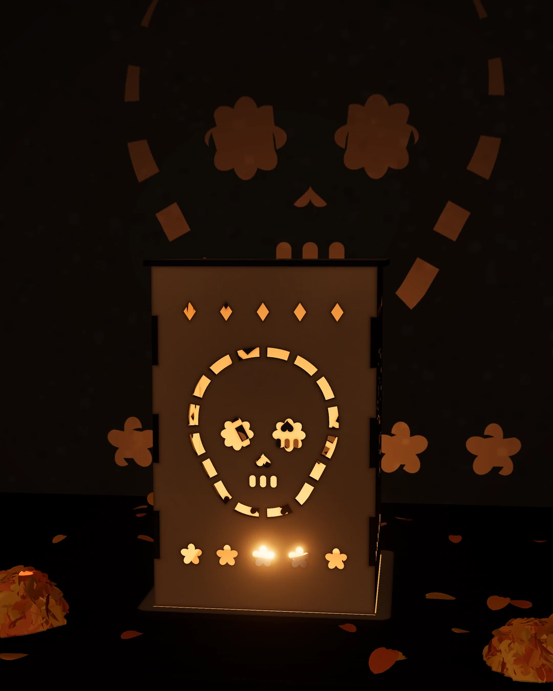 Farol de MDF calado con una calavera, encendido sobre una mesa con cempasúchil; su luz proyecta la calavera y unas flores en la pared.